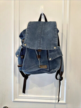 Denim Backpack in Blue & Brown